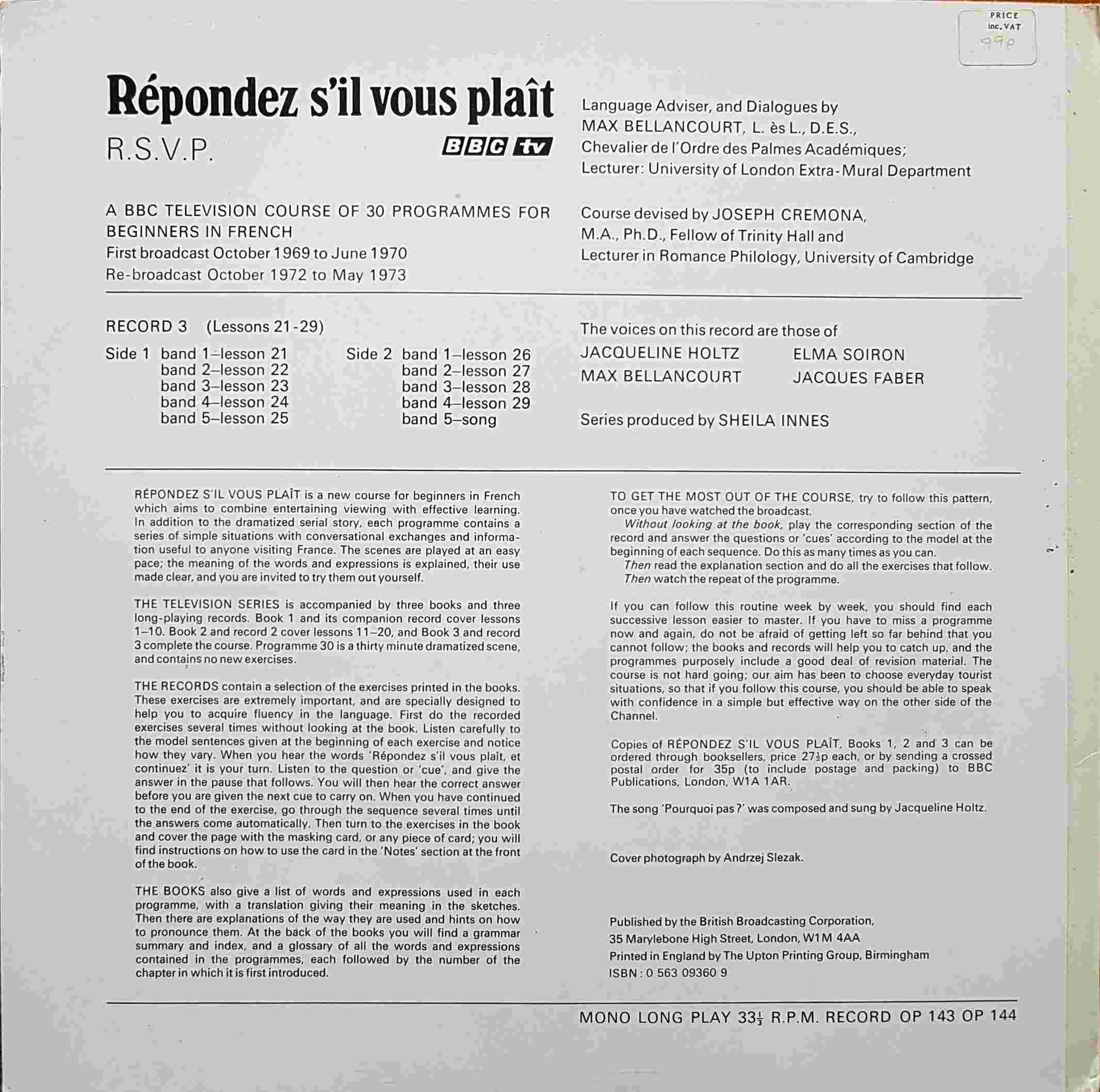 Picture of OP 143/144 Respondez s'll vous plait R. S. V. P. - Lessons 21 - 29 by artist Max Bellancourt / Joseph Cremona from the BBC records and Tapes library